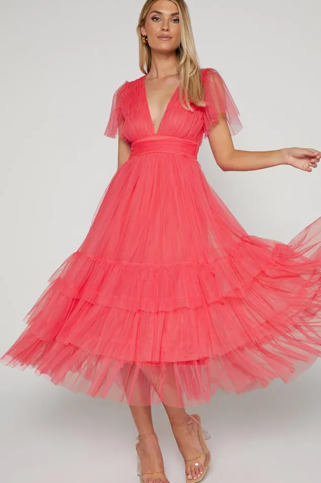 Jiraye Midi Dress 8211 Flutter Sleeve Tuelle Plunge Dress In Coral Women Showpo Curve Clothes
