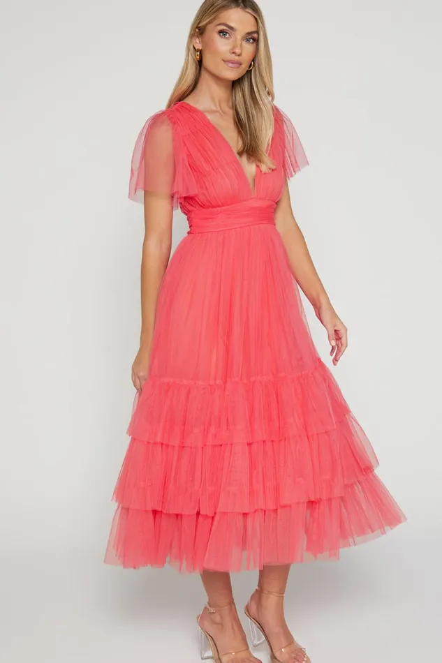 Jiraye Midi Dress 8211 Flutter Sleeve Tuelle Plunge Dress In Coral Women Showpo Curve Clothes