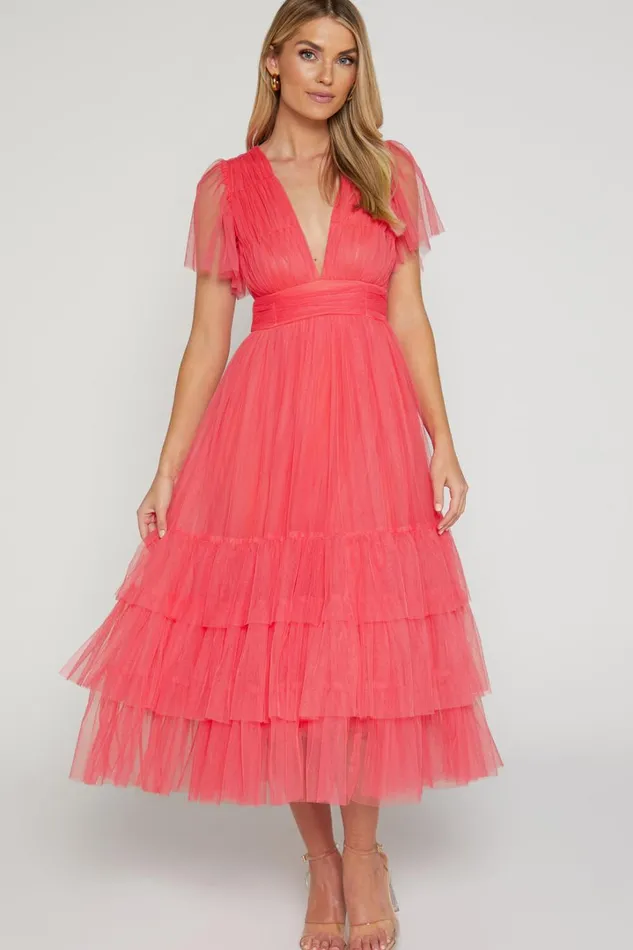 Jiraye Midi Dress 8211 Flutter Sleeve Tuelle Plunge Dress In Coral Women Showpo Curve Clothes