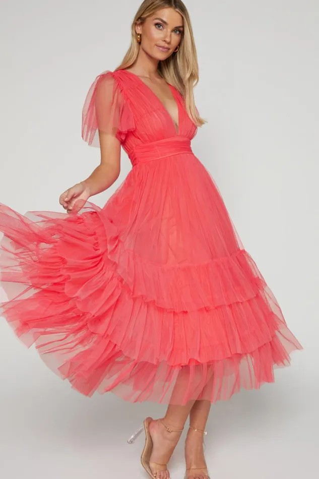 Jiraye Midi Dress 8211 Flutter Sleeve Tuelle Plunge Dress In Coral Women Showpo Curve Clothes