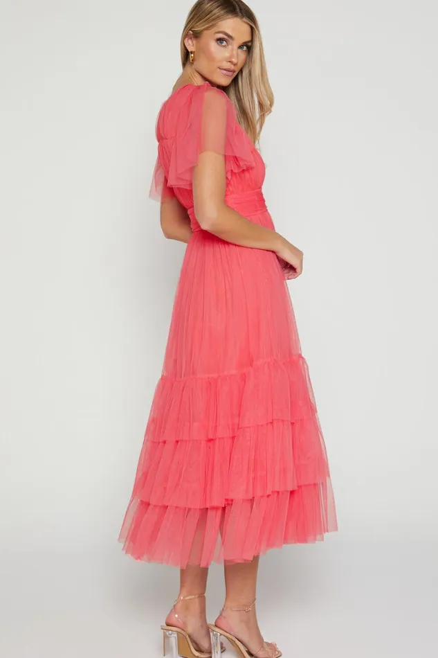 Jiraye Midi Dress 8211 Flutter Sleeve Tuelle Plunge Dress In Coral Women Showpo Curve Clothes