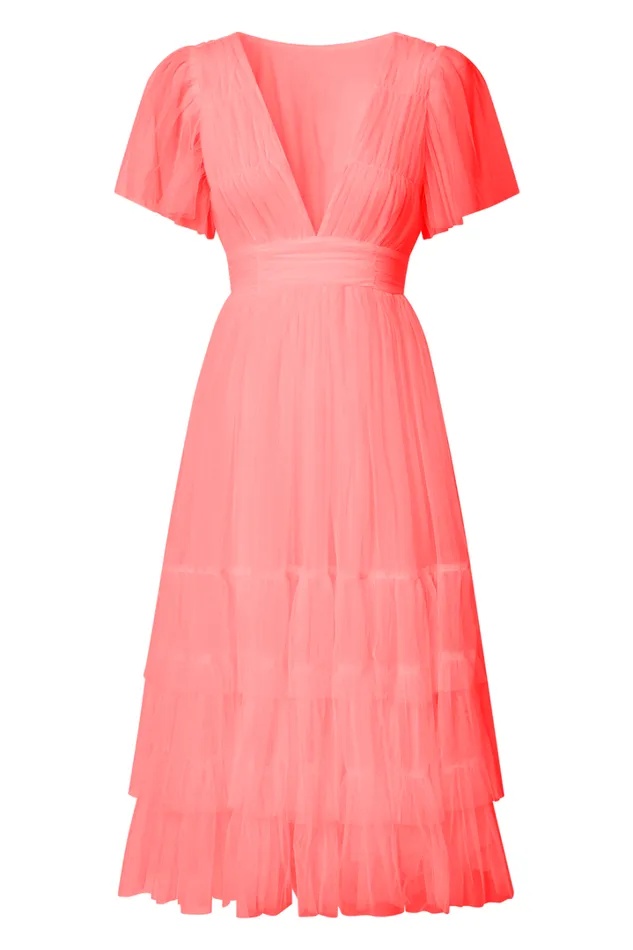 Jiraye Midi Dress 8211 Flutter Sleeve Tuelle Plunge Dress In Coral Women Showpo Curve Clothes