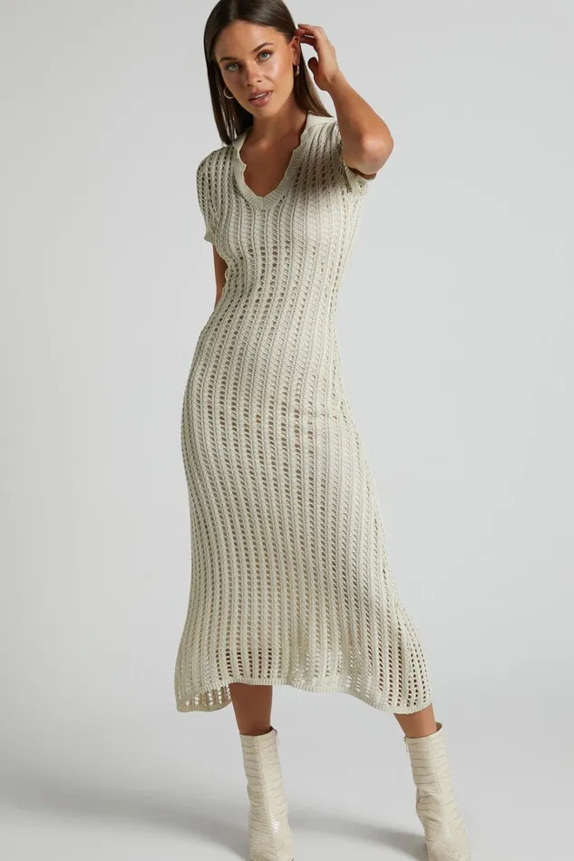 Jolie Midi Dress 8211 Crochet Collared Short Sleeve Dress In Cream Women Showpo Knitwear Jolie Midi Dress 8211 Crochet Collared Short Sleeve Dress In Cream Women Showpo Knitwear