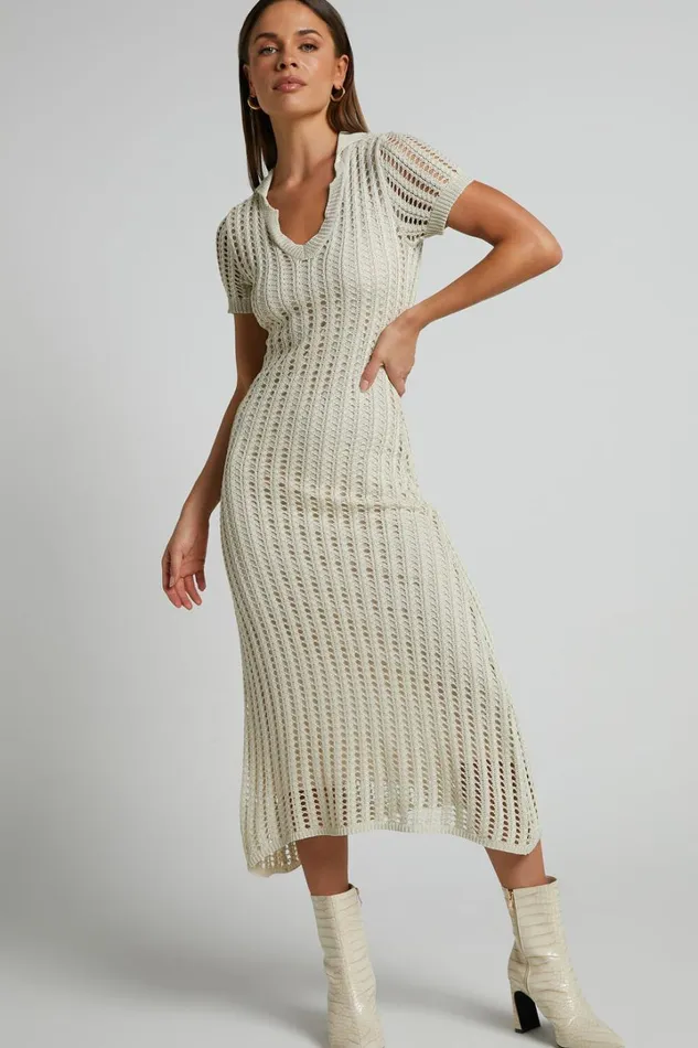 Jolie Midi Dress 8211 Crochet Collared Short Sleeve Dress In Cream Women Showpo Knitwear Jolie Midi Dress 8211 Crochet Collared Short Sleeve Dress In Cream Women Showpo Knitwear