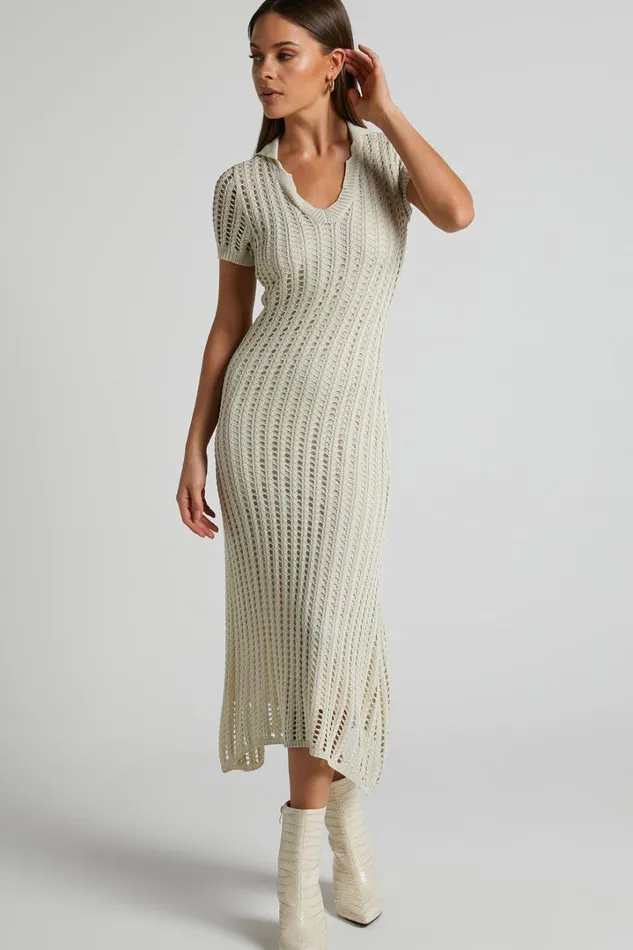 Jolie Midi Dress 8211 Crochet Collared Short Sleeve Dress In Cream Women Showpo Knitwear Jolie Midi Dress 8211 Crochet Collared Short Sleeve Dress In Cream Women Showpo Knitwear