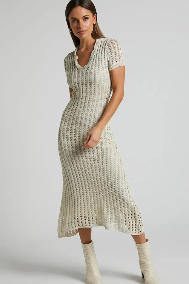 Jolie Midi Dress 8211 Crochet Collared Short Sleeve Dress In Cream Women Showpo Knitwear Jolie Midi Dress 8211 Crochet Collared Short Sleeve Dress In Cream Women Showpo Knitwear