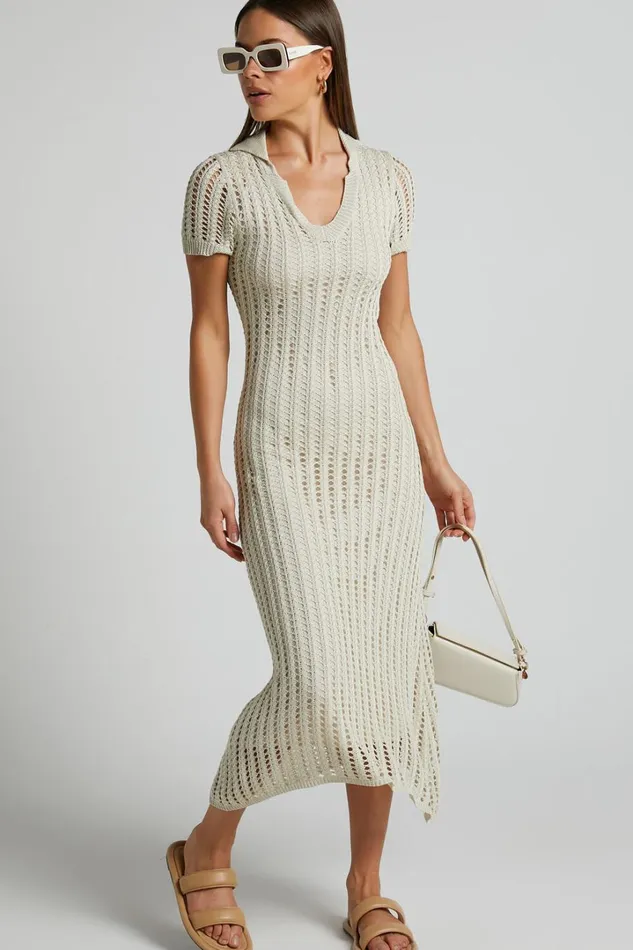 Jolie Midi Dress 8211 Crochet Collared Short Sleeve Dress In Cream Women Showpo Knitwear Jolie Midi Dress 8211 Crochet Collared Short Sleeve Dress In Cream Women Showpo Knitwear