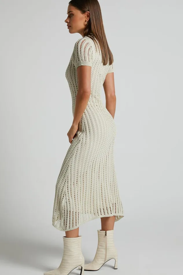 Jolie Midi Dress 8211 Crochet Collared Short Sleeve Dress In Cream Women Showpo Knitwear Jolie Midi Dress 8211 Crochet Collared Short Sleeve Dress In Cream Women Showpo Knitwear