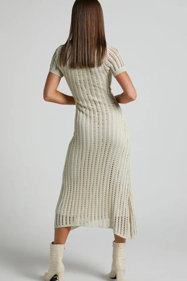 Jolie Midi Dress 8211 Crochet Collared Short Sleeve Dress In Cream Women Showpo Knitwear Jolie Midi Dress 8211 Crochet Collared Short Sleeve Dress In Cream Women Showpo Knitwear