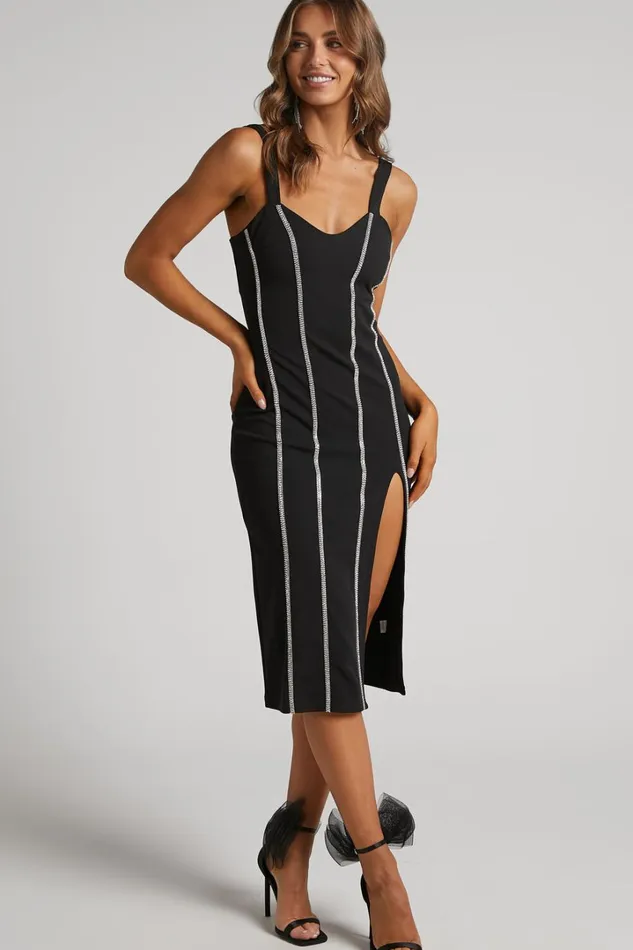 Josana Midi Dress 8211 Diamante Trim Panelled Thigh Split Dress In Black Women Showpo Dresses Josana Midi Dress 8211 Diamante Trim Panelled Thigh Split Dress In Black Women Showpo Dresses