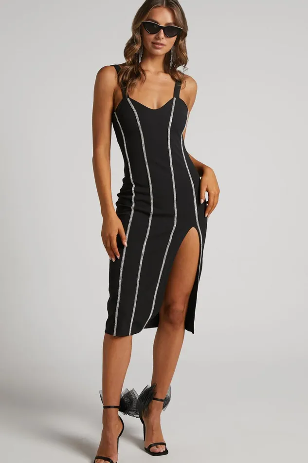 Josana Midi Dress 8211 Diamante Trim Panelled Thigh Split Dress In Black Women Showpo Dresses