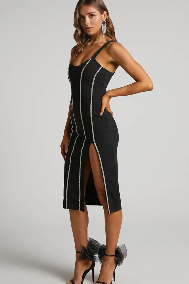 Josana Midi Dress 8211 Diamante Trim Panelled Thigh Split Dress In Black Women Showpo Dresses