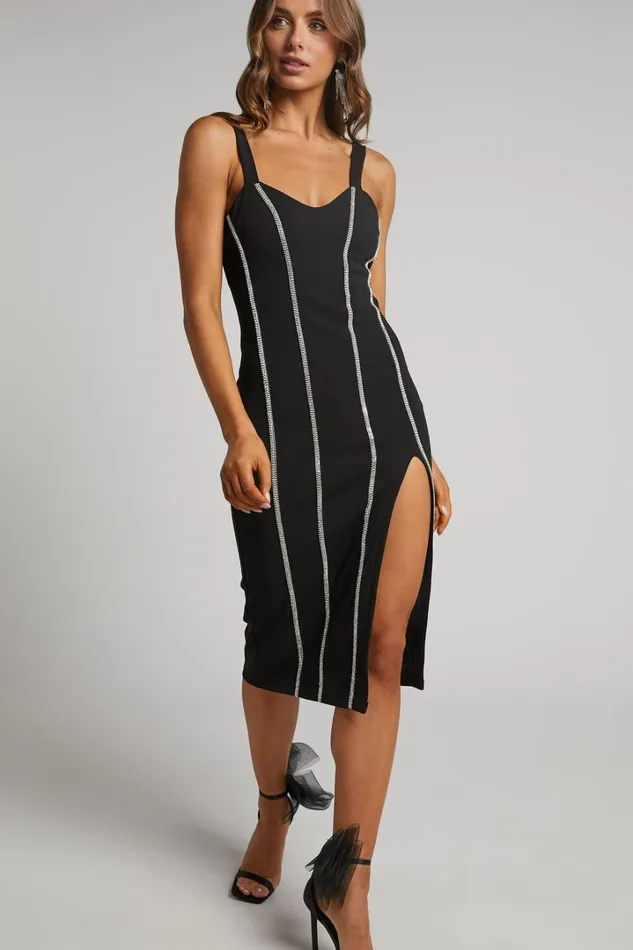 Josana Midi Dress 8211 Diamante Trim Panelled Thigh Split Dress In Black Women Showpo Dresses