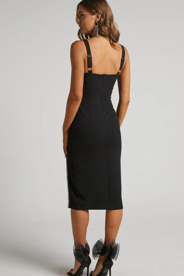 Josana Midi Dress 8211 Diamante Trim Panelled Thigh Split Dress In Black Women Showpo Dresses