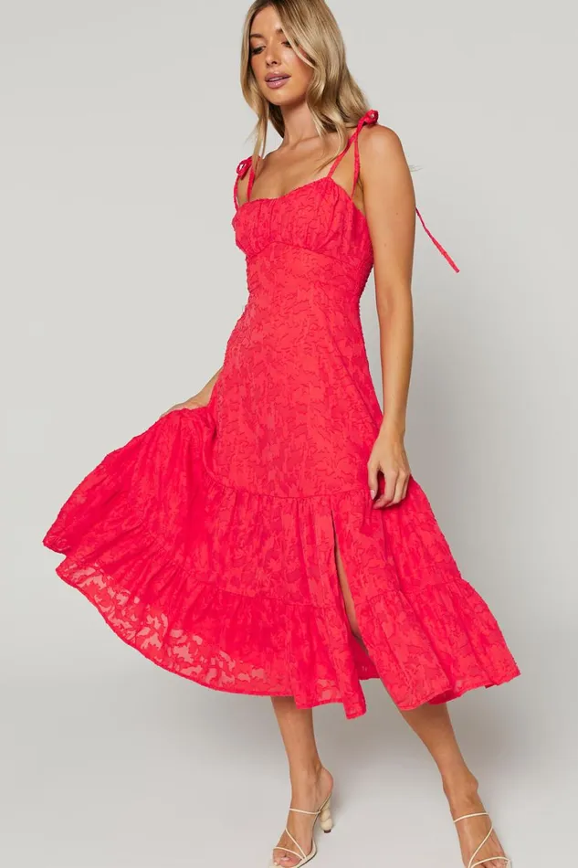 Jovena Midi Dress 8211 Gathered Bodice Tiered Dress In Coral Women Showpo Curve Clothes