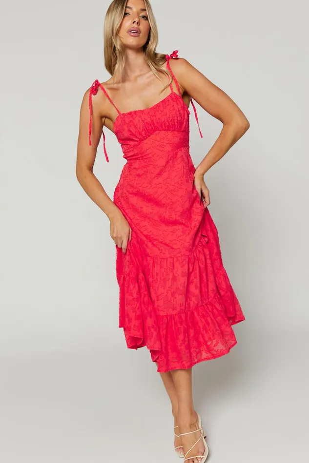 Jovena Midi Dress 8211 Gathered Bodice Tiered Dress In Coral Women Showpo Curve Clothes