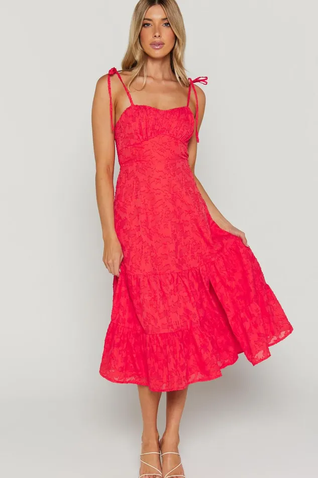 Jovena Midi Dress 8211 Gathered Bodice Tiered Dress In Coral Women Showpo Curve Clothes