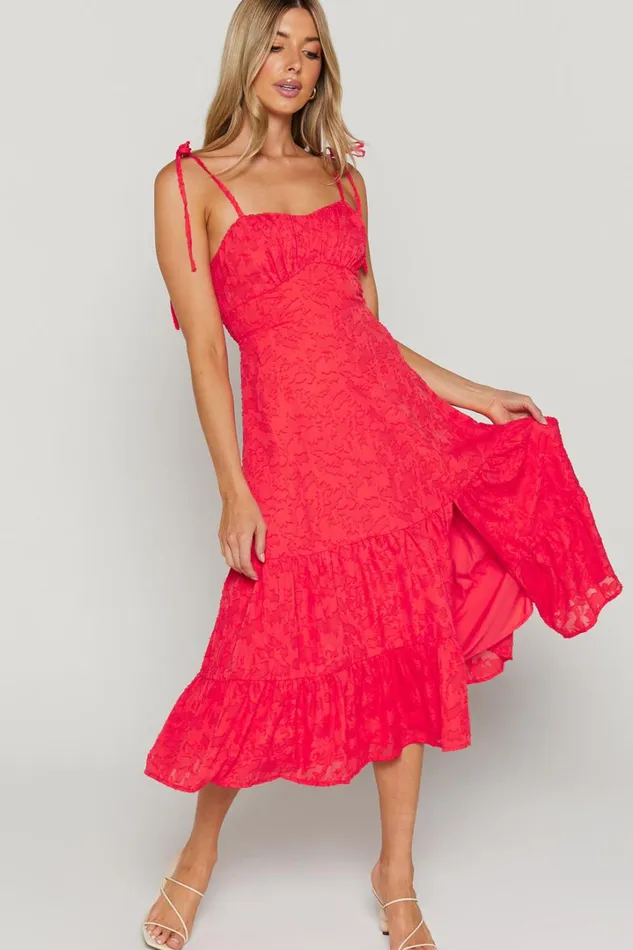 Jovena Midi Dress 8211 Gathered Bodice Tiered Dress In Coral Women Showpo Curve Clothes