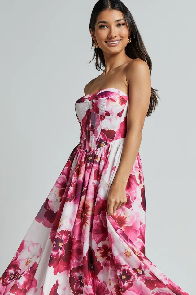 Kaiden Midi Dress 8211 Strapless Fit And Flare In Fiesta Floral Pink Women Showpo Dresses