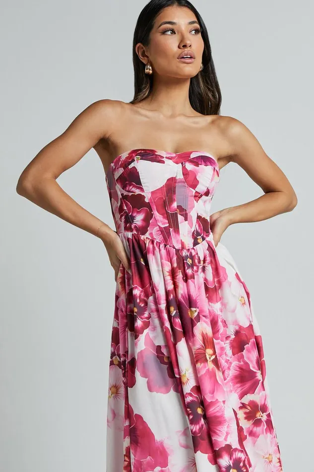 Kaiden Midi Dress 8211 Strapless Fit And Flare In Fiesta Floral Pink Women Showpo Dresses