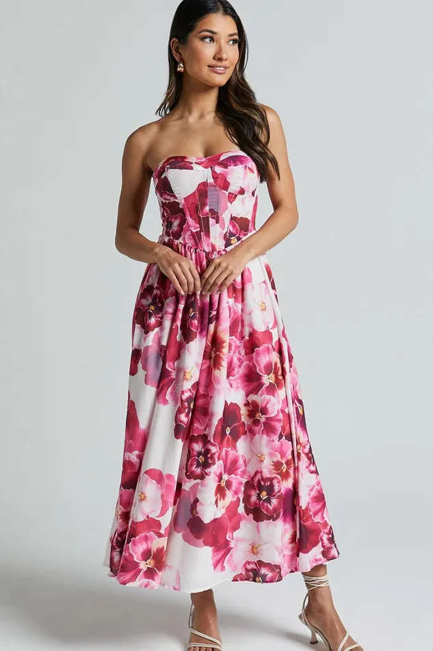 Kaiden Midi Dress 8211 Strapless Fit And Flare In Fiesta Floral Pink Women Showpo Dresses