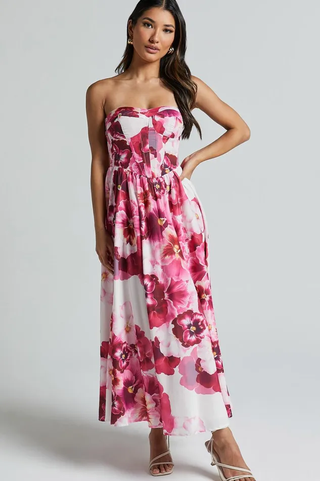 Kaiden Midi Dress 8211 Strapless Fit And Flare In Fiesta Floral Pink Women Showpo Dresses
