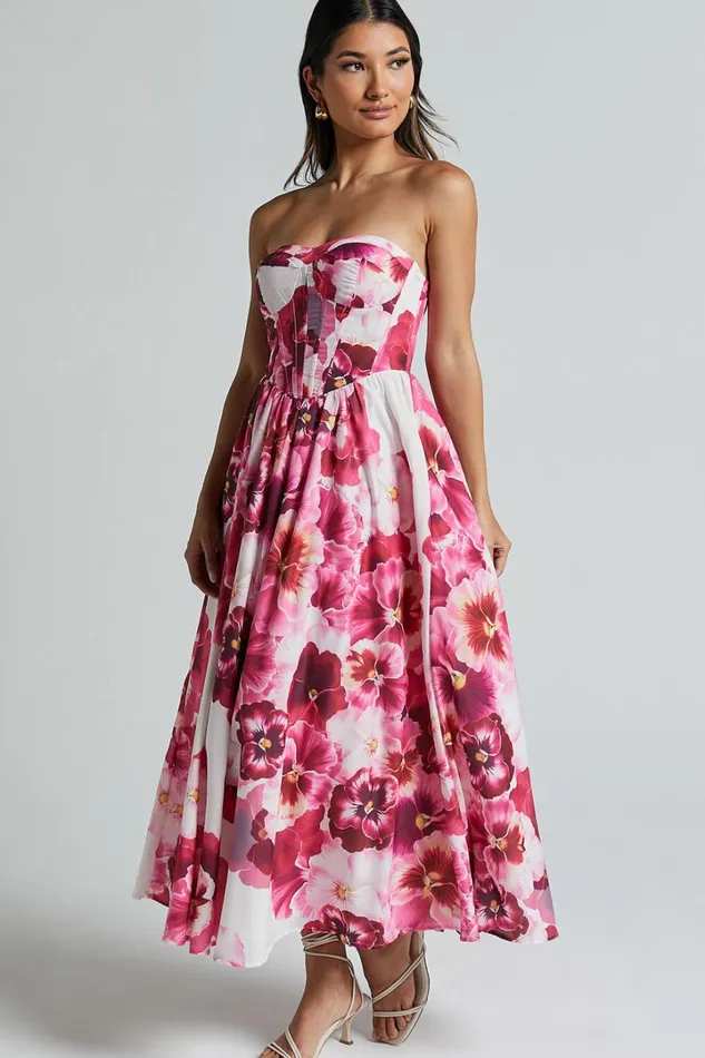 Kaiden Midi Dress 8211 Strapless Fit And Flare In Fiesta Floral Pink Women Showpo Dresses