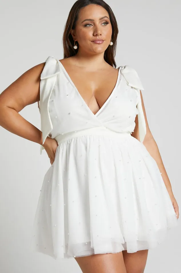 Karalyn Mini Dress 8211 Bow Strap Plunge Pearl Detail Dress In White Women Showpo Curve Clothes