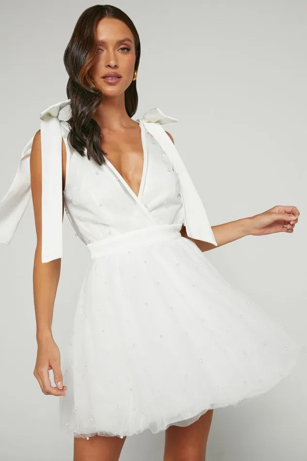 Karalyn Mini Dress 8211 Bow Strap Plunge Pearl Detail Dress In White Women Showpo Curve Clothes