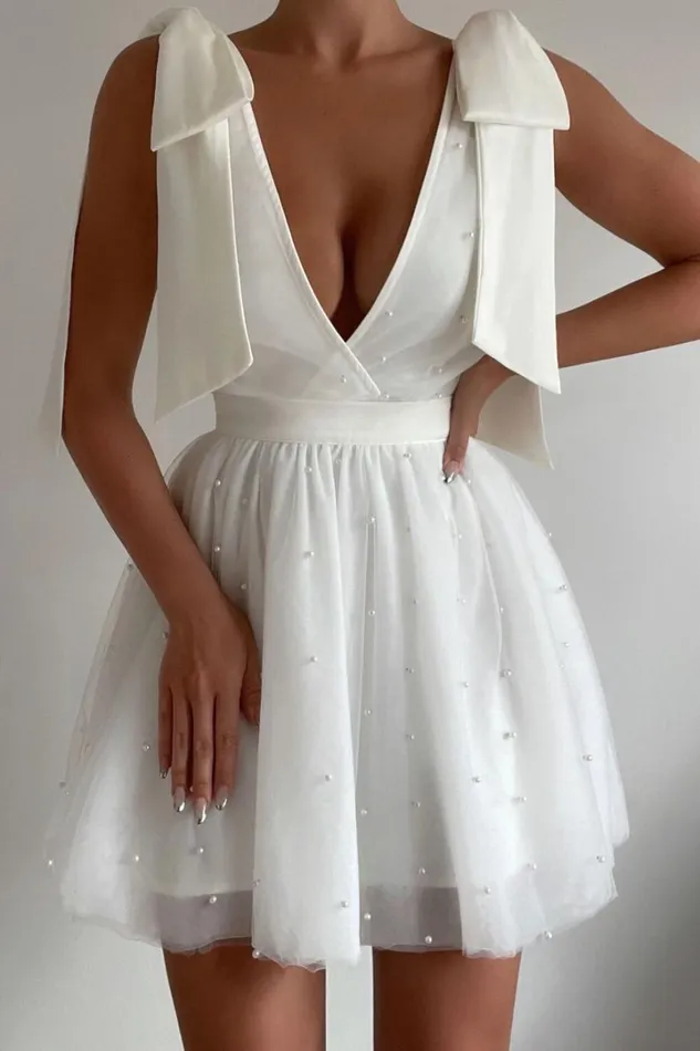 Karalyn Mini Dress 8211 Bow Strap Plunge Pearl Detail Dress In White Women Showpo Curve Clothes