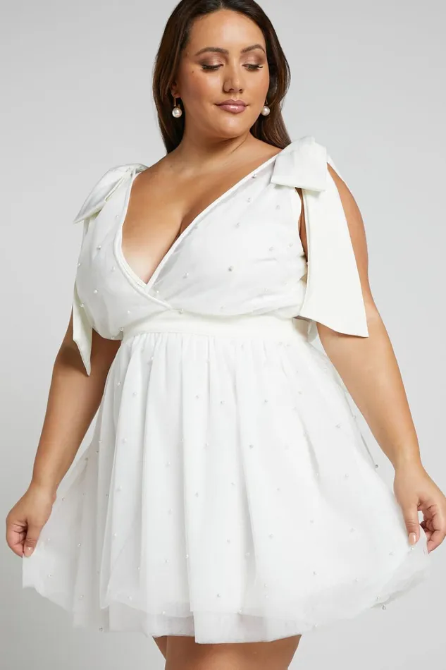 Karalyn Mini Dress 8211 Bow Strap Plunge Pearl Detail Dress In White Women Showpo Curve Clothes