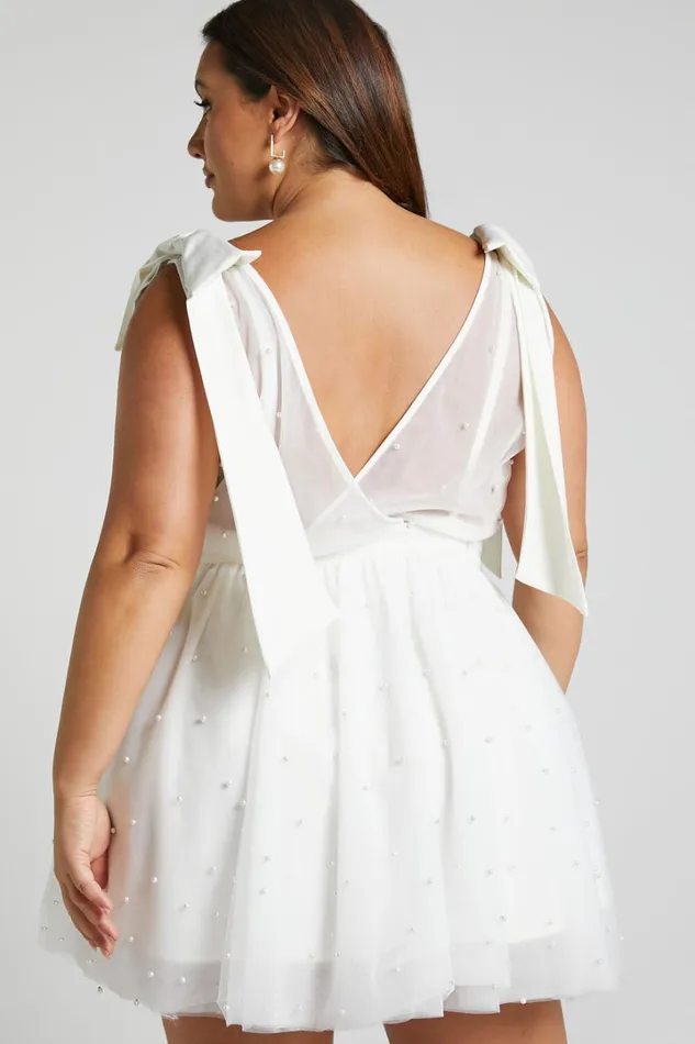 Karalyn Mini Dress 8211 Bow Strap Plunge Pearl Detail Dress In White Women Showpo Curve Clothes