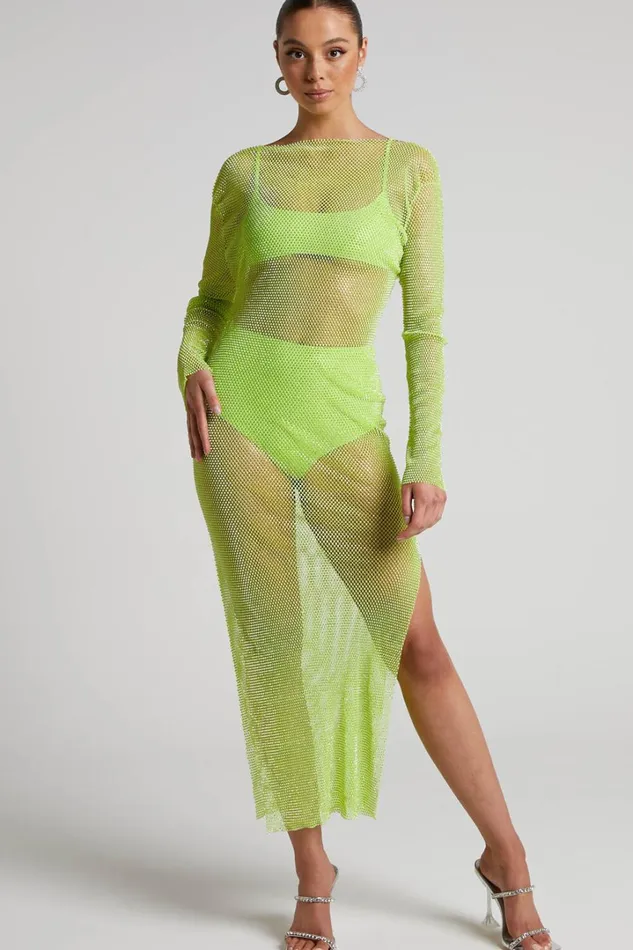Karmen Midi Dress 8211 Long Sleeve Split Diamante Mesh Dress In Lime Women Showpo Dresses Karmen Midi Dress 8211 Long Sleeve Split Diamante Mesh Dress In Lime Women Showpo Dresses
