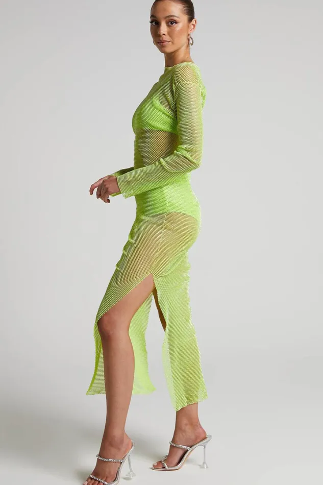 Karmen Midi Dress 8211 Long Sleeve Split Diamante Mesh Dress In Lime Women Showpo Dresses