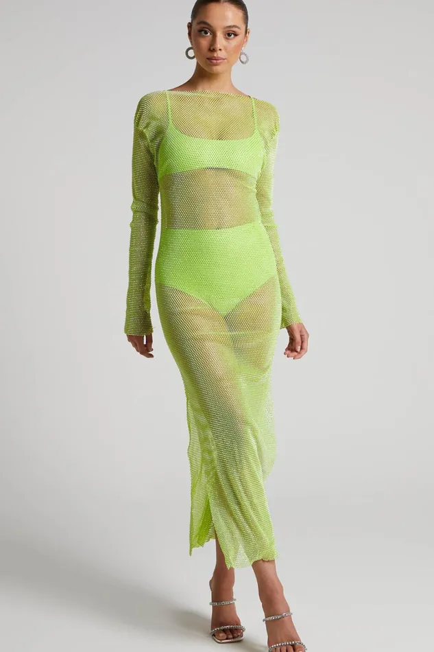 Karmen Midi Dress 8211 Long Sleeve Split Diamante Mesh Dress In Lime Women Showpo Dresses