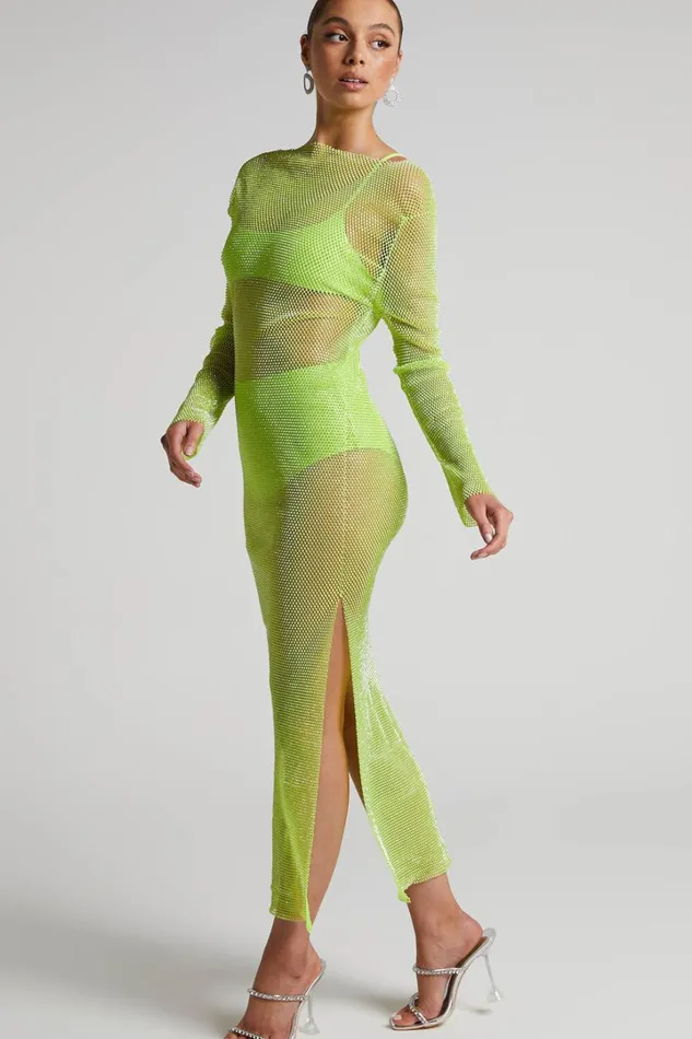Karmen Midi Dress 8211 Long Sleeve Split Diamante Mesh Dress In Lime Women Showpo Dresses