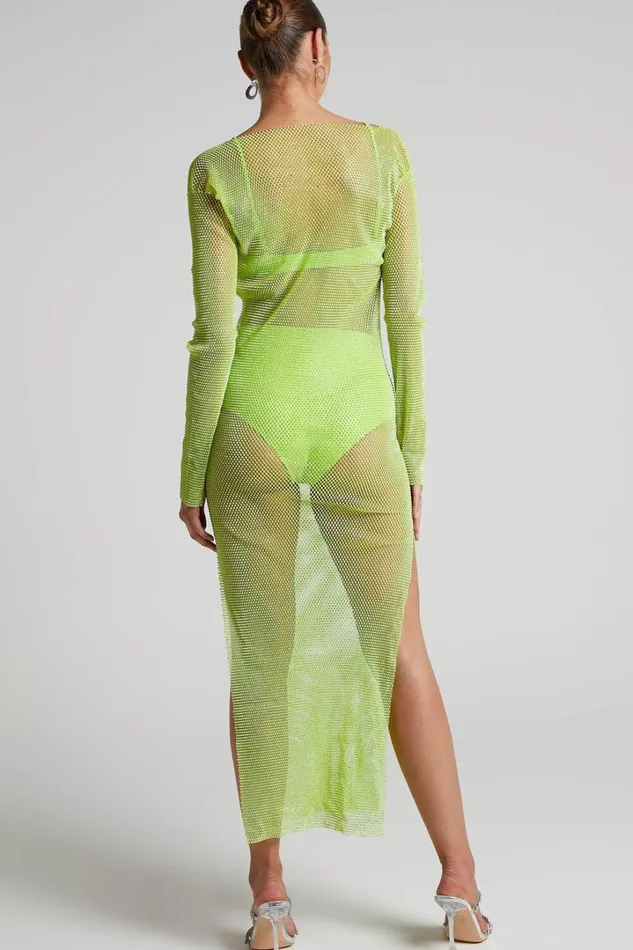 Karmen Midi Dress 8211 Long Sleeve Split Diamante Mesh Dress In Lime Women Showpo Dresses
