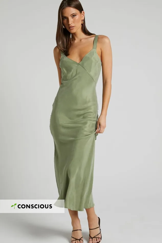 Kaya Midi Dress 8211 Cupro Slip Dress In Moss Women Showpo Dresses
