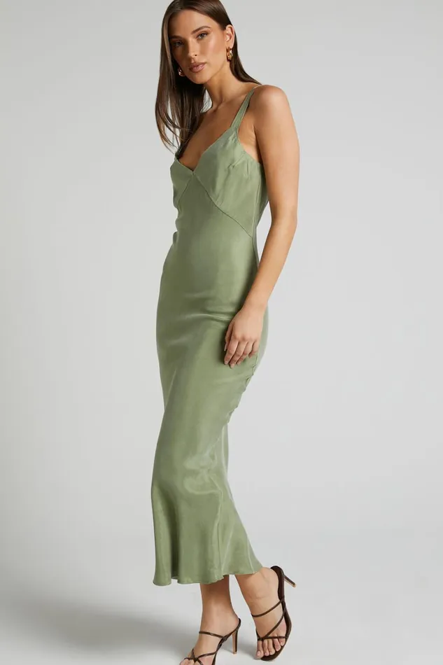 Kaya Midi Dress 8211 Cupro Slip Dress In Moss Women Showpo Dresses