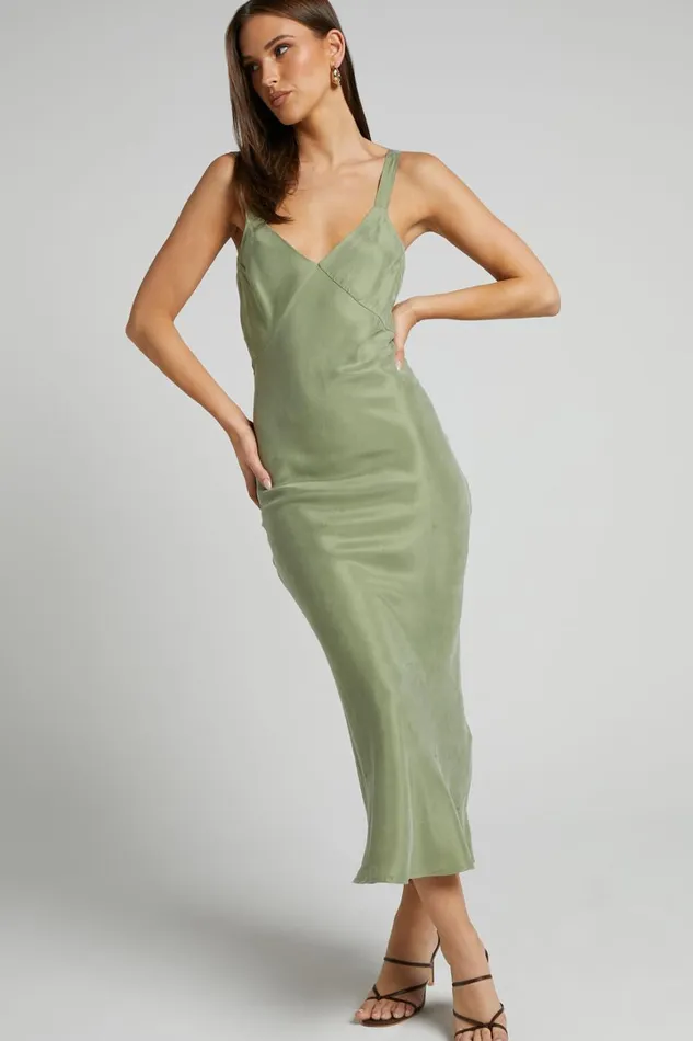 Kaya Midi Dress 8211 Cupro Slip Dress In Moss Women Showpo Dresses