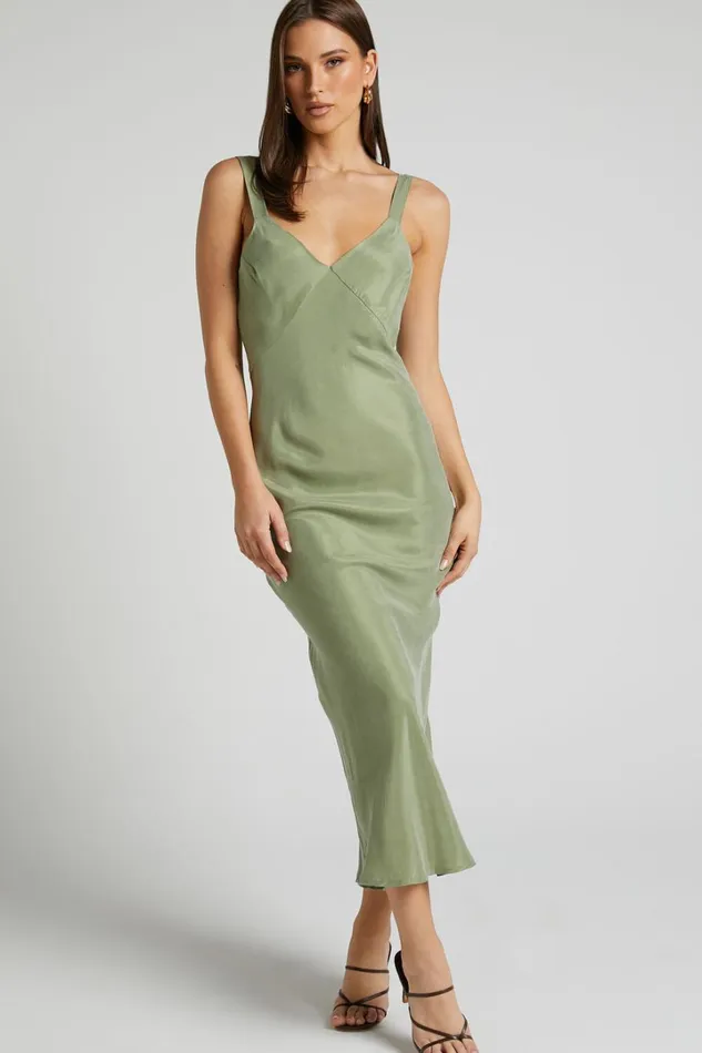 Kaya Midi Dress 8211 Cupro Slip Dress In Moss Women Showpo Dresses