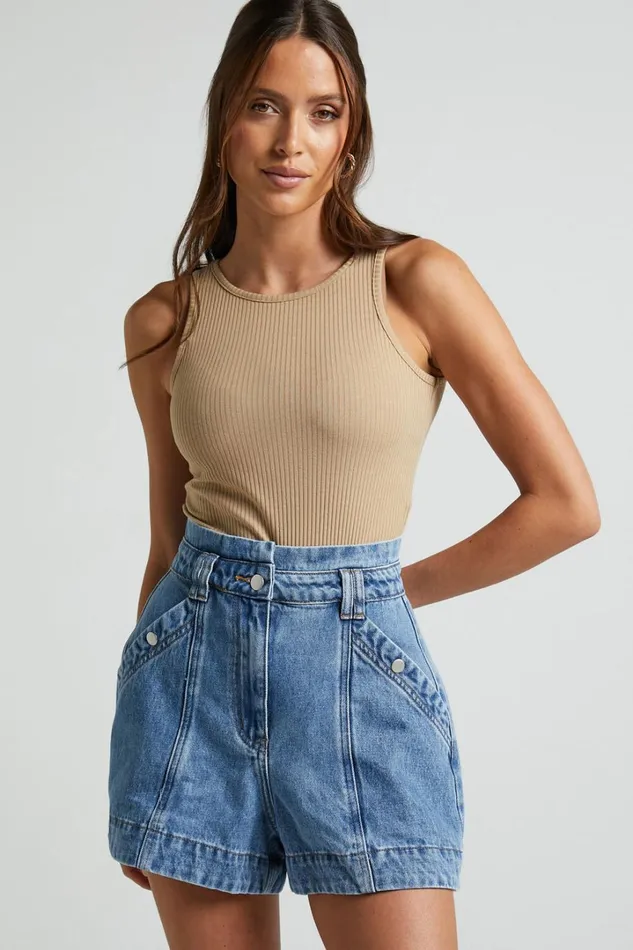 Kayla Denim Shorts 8211 High Waisted A Line Denim Shorts In Mid Blue Wash Women Showpo Denim