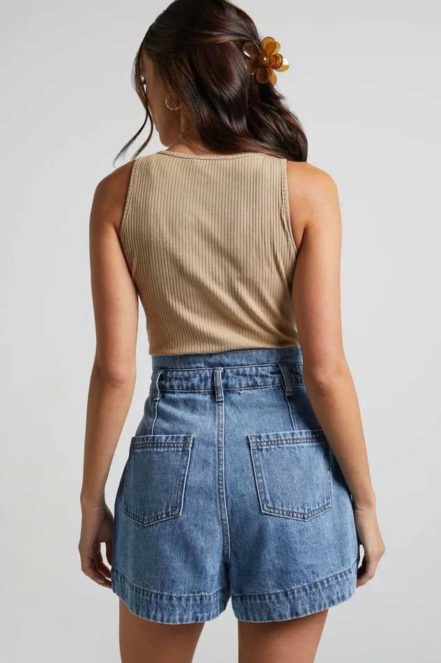 Kayla Denim Shorts 8211 High Waisted A Line Denim Shorts In Mid Blue Wash Women Showpo Denim