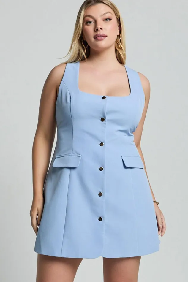 Kenna Mini Dress 8211 Square Neck Button Down Mini Dress In Powder Blue Women Showpo Curve Clothes
