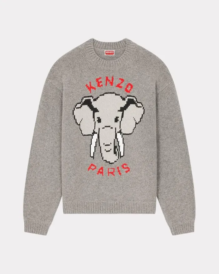 Kenzo Knitwear Men Elephant039 Embroidered Jumper Misty Grey