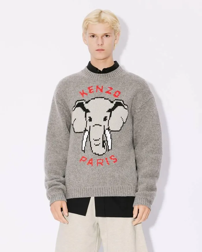 Kenzo Knitwear Men Elephant039 Embroidered Jumper Misty Grey