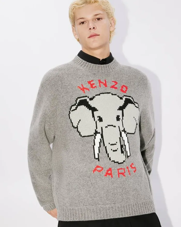 Kenzo Knitwear Men Elephant039 Embroidered Jumper Misty Grey