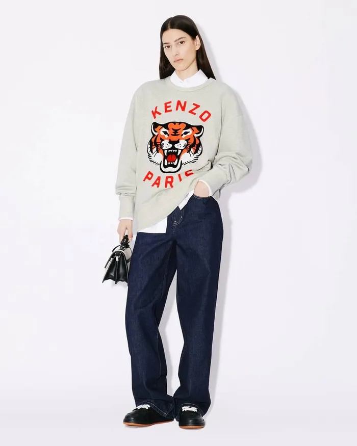 Kenzo Sweatshirts And Hoodies MenWomen Lucky Tiger039 Embroidered Oversized Genderless Sweatshirt Pale Grey