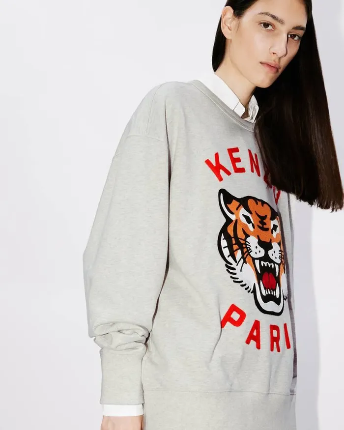 Kenzo Sweatshirts And Hoodies MenWomen Lucky Tiger039 Embroidered Oversized Genderless Sweatshirt Pale Grey