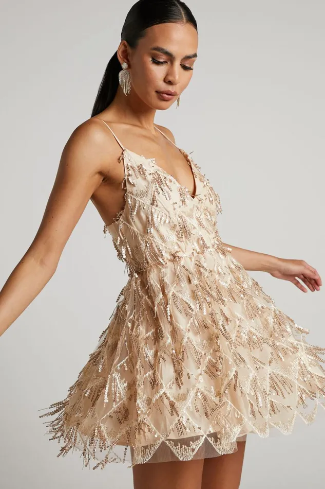 Khrizza Mini Dress 8211 Sequin Gathered Dress In Gold Women Showpo Curve Clothes